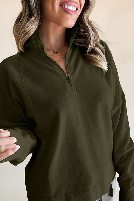 Jungle Green Zipped Neck Pullover Drop Shoulder Sweatshirt - Love Salve 