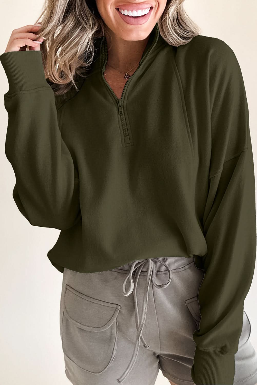 Jungle Green Zipped Neck Pullover Drop Shoulder Sweatshirt - Love Salve 