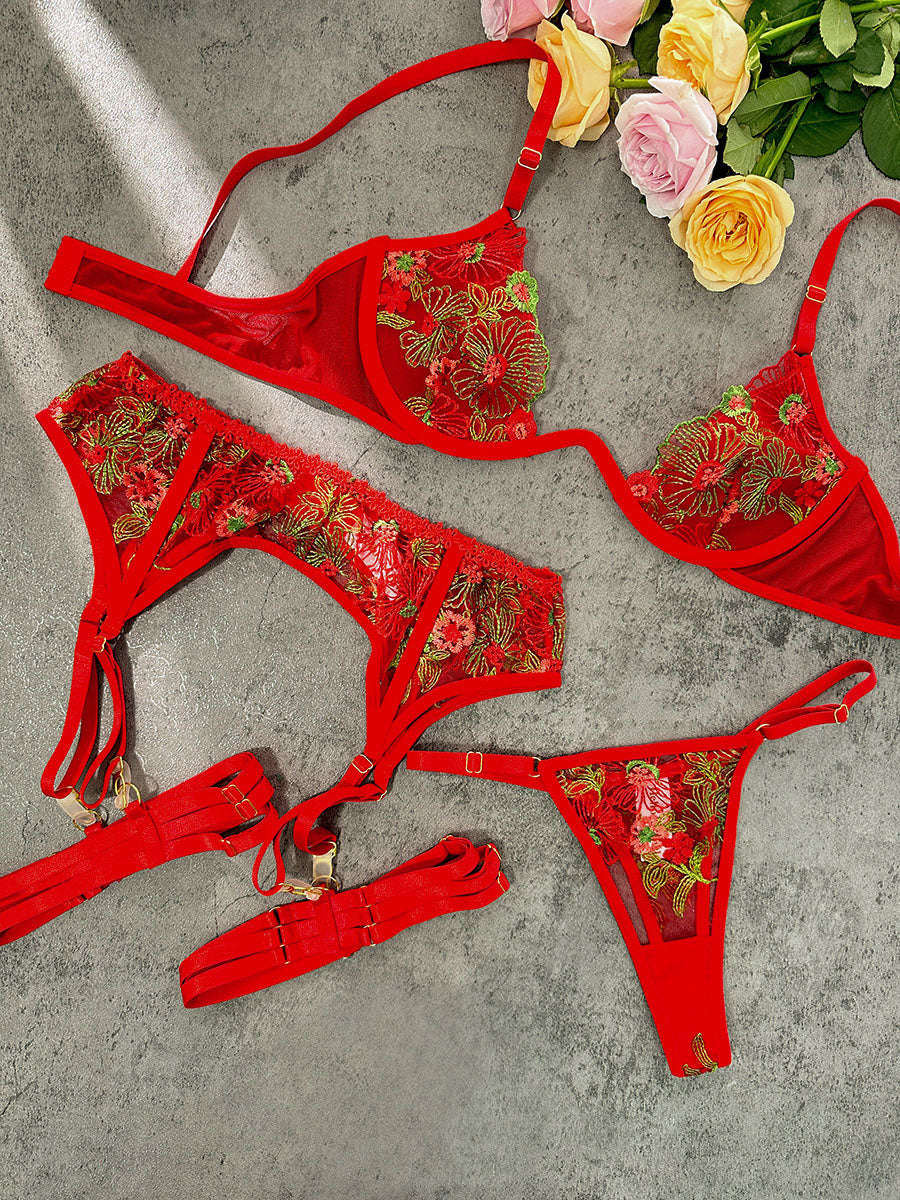 Red Floral Embroidered Mesh Lingerie Set With Garter Belt Hello.LA.Girl