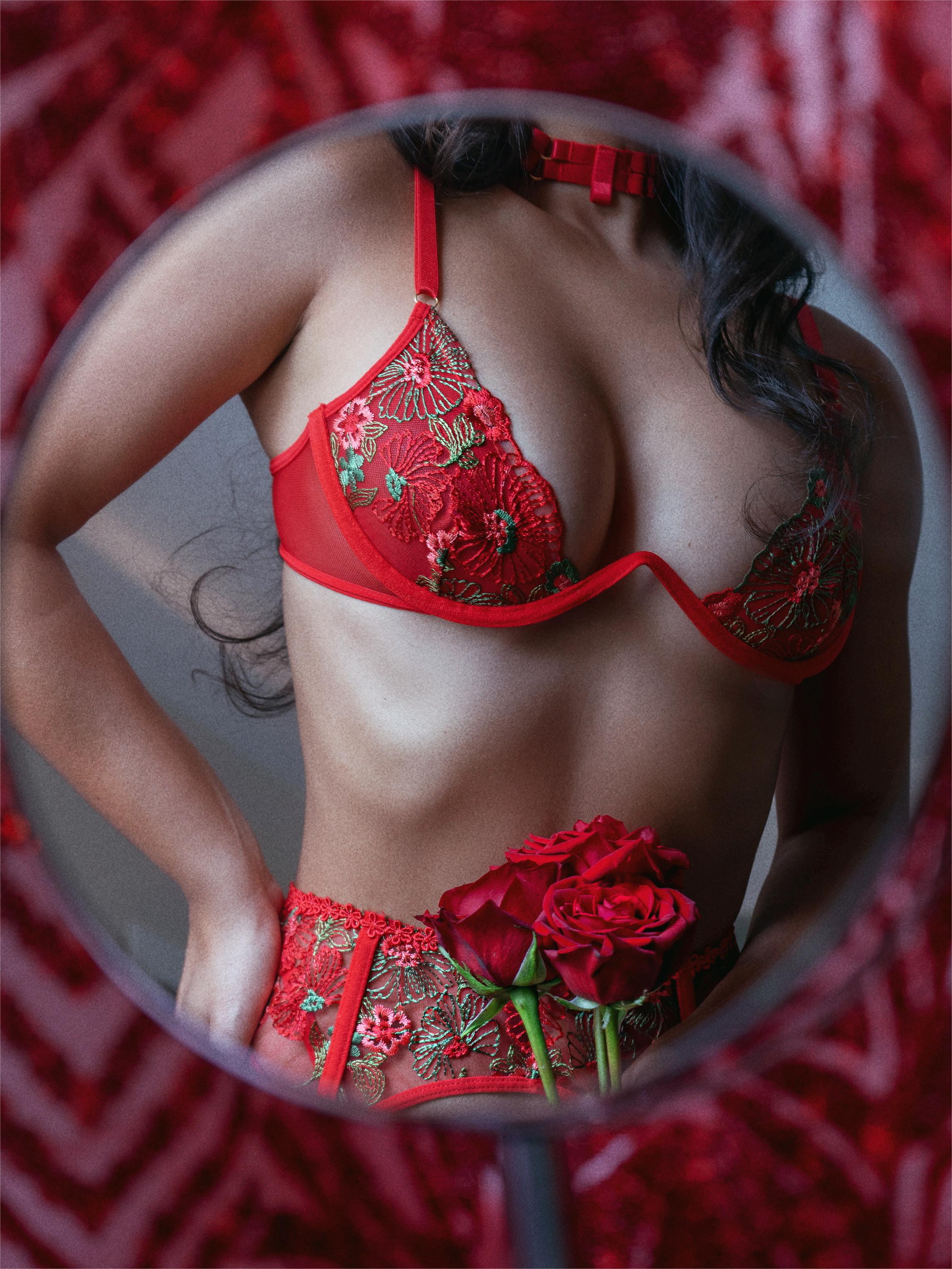 Red Floral Embroidered Mesh Lingerie Set With Garter Belt Hello.LA.Girl