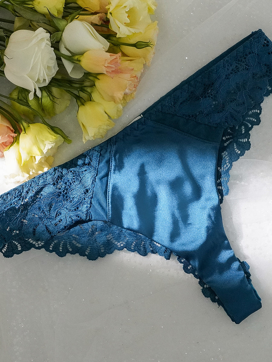 Blue Lace Satin Mesh Push-Up Sexy Lingerie Set 3pc