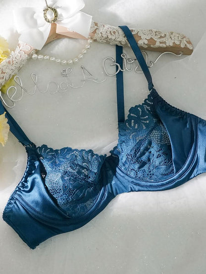 Blue Lace Satin Mesh Push-Up Sexy Lingerie Set 3pc