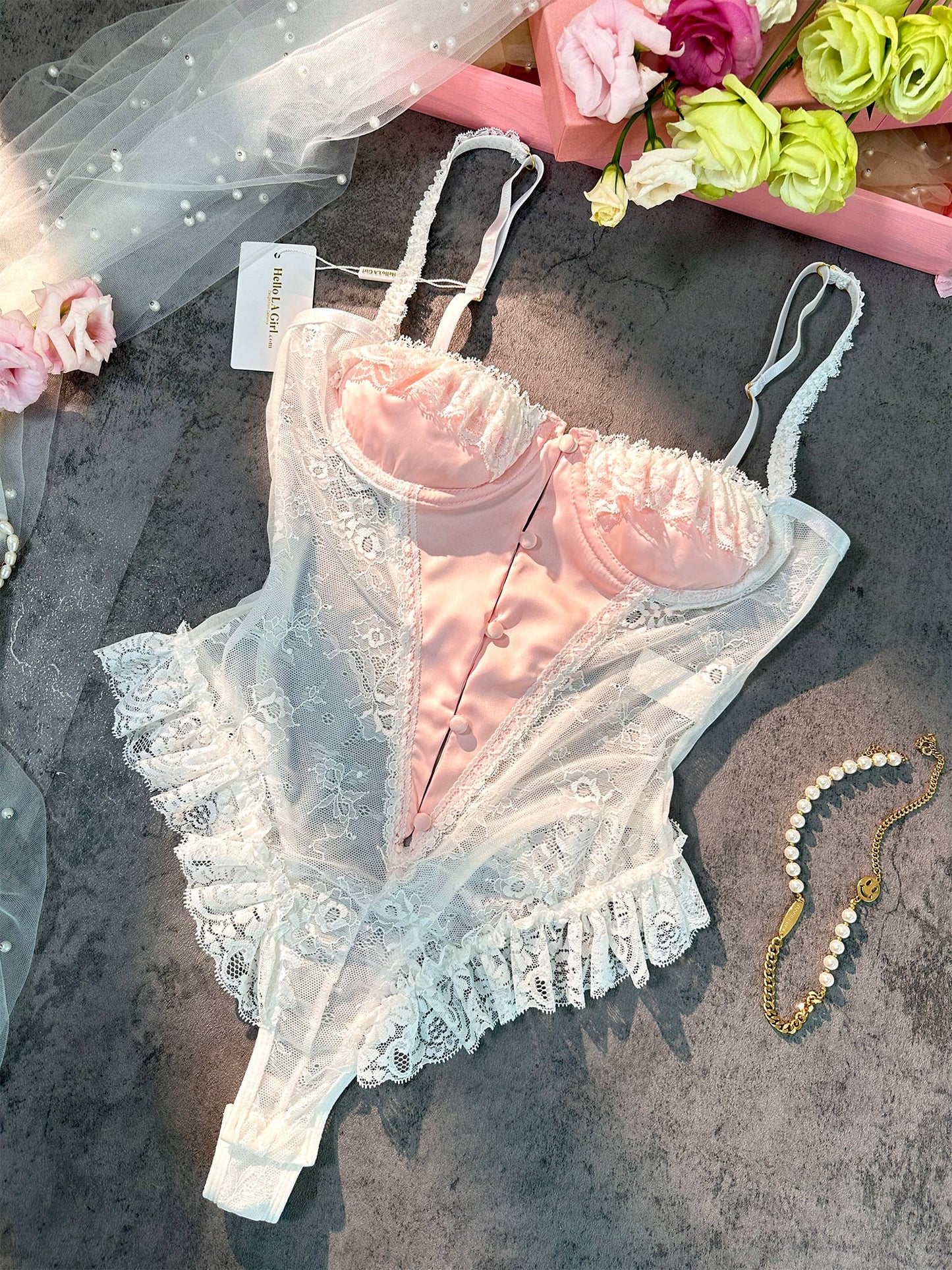 Pink and White Sexy Lace Bodysuit for Romantic Nights