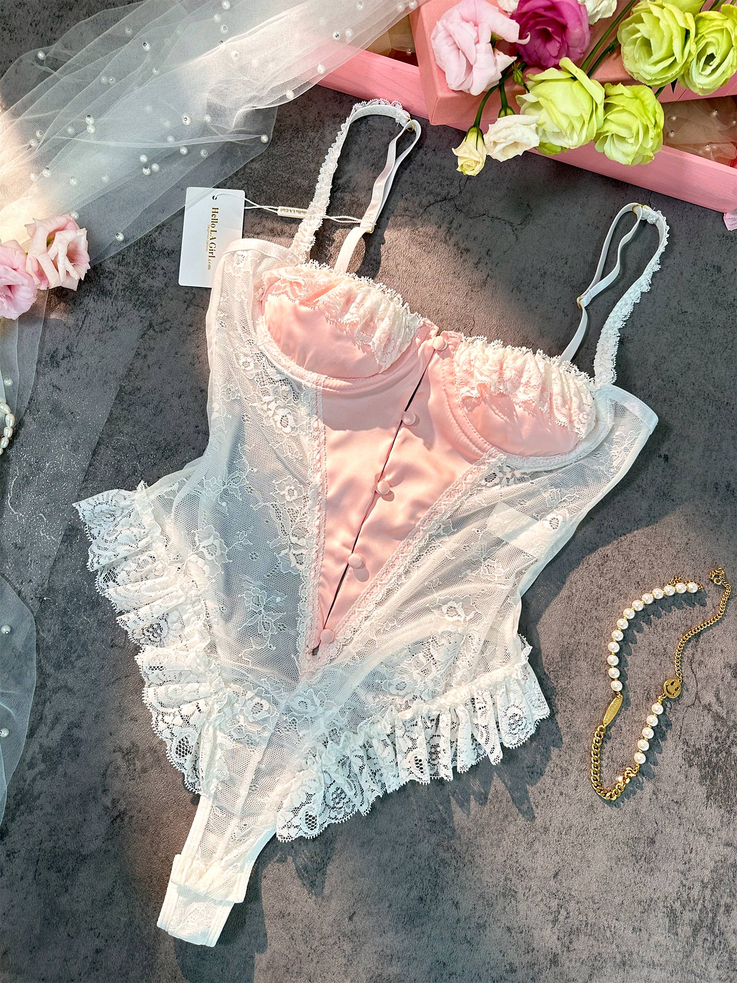 Pink And White Lace Bodysuit Sexy Lingerie For Women Hello.LA.Girl