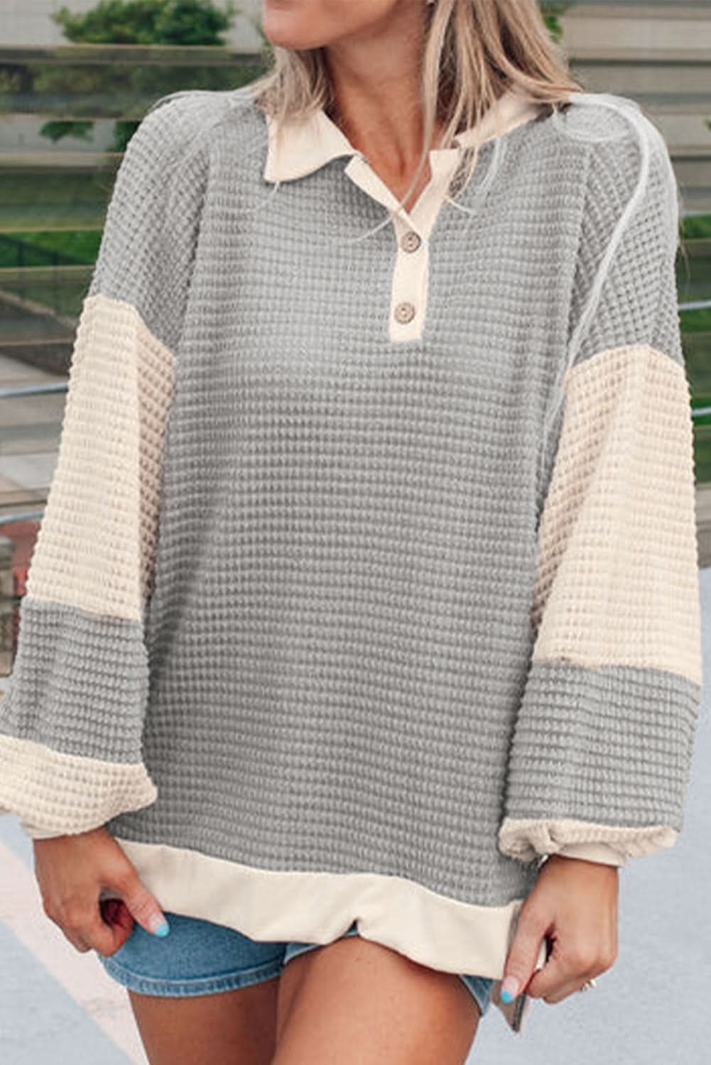Khaki Textured Colorblock Collared Henley Top - Love Salve 