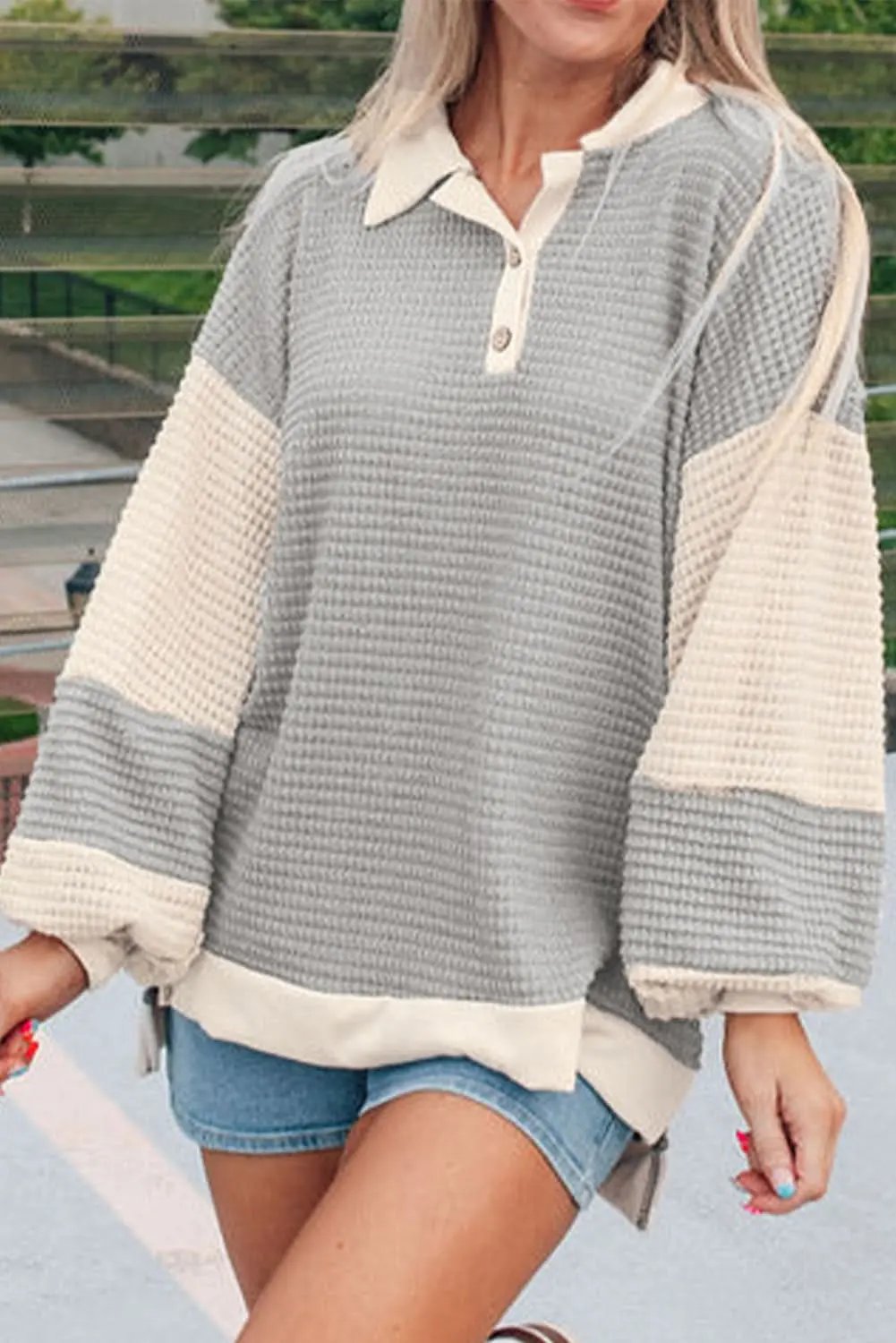 Khaki Textured Colorblock Collared Henley Top - Love Salve 