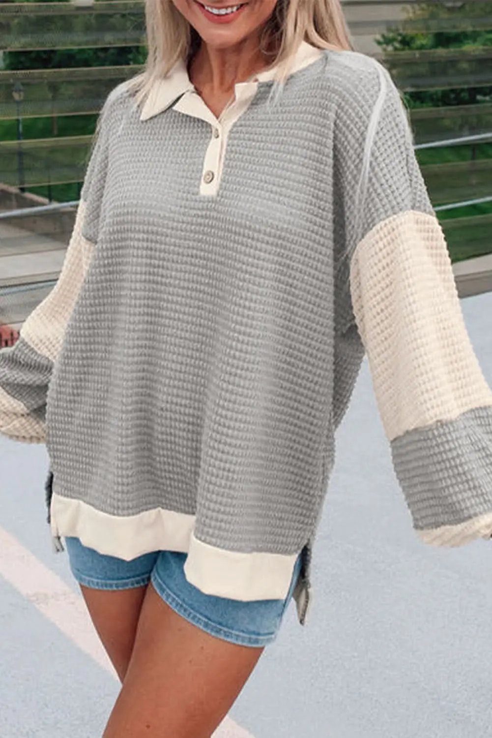 Khaki Textured Colorblock Collared Henley Top - Love Salve 