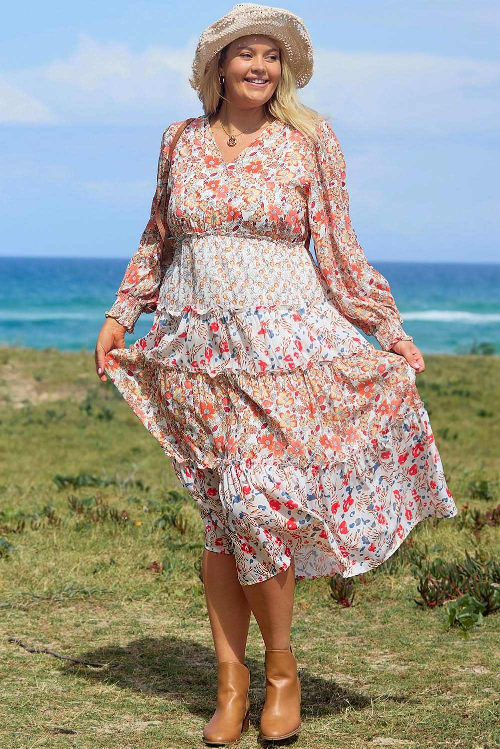 Khaki floral plus size maxi dress - Love Salve 