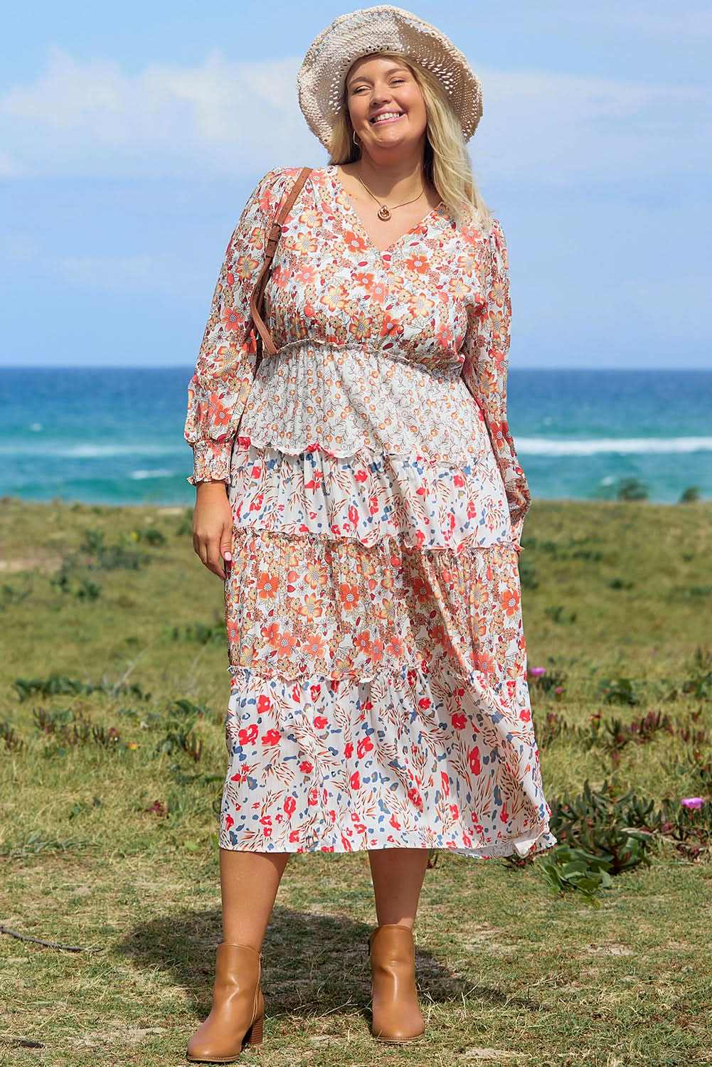 Khaki floral plus size maxi dress - Love Salve 