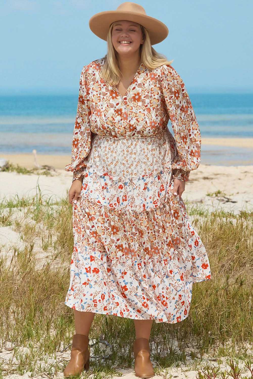 Khaki floral plus size maxi dress - Love Salve 