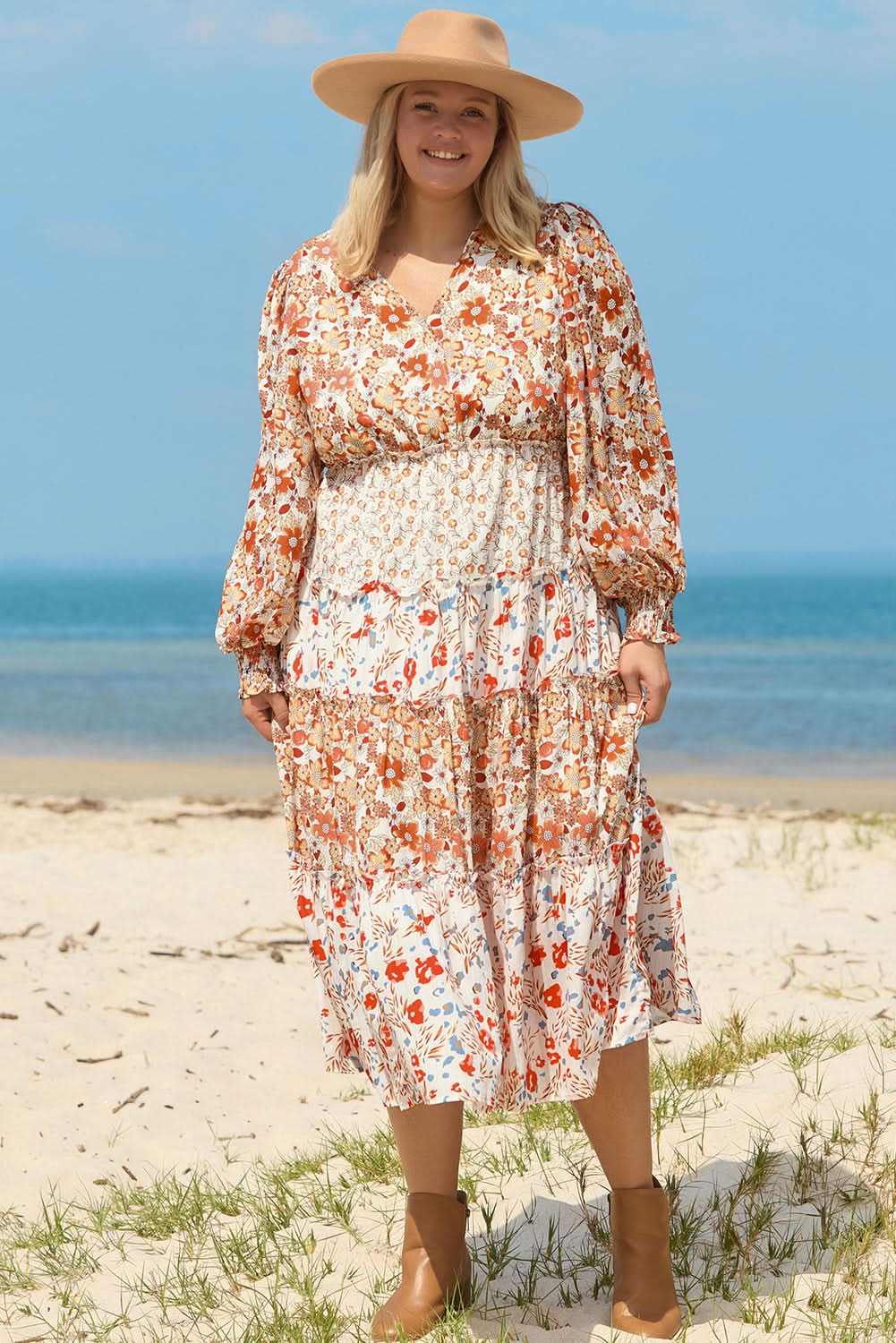 Khaki floral plus size maxi dress - Love Salve 