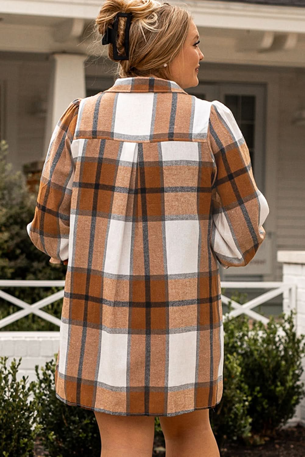 Khaki plaid plus size dress with flounce sleeves 
