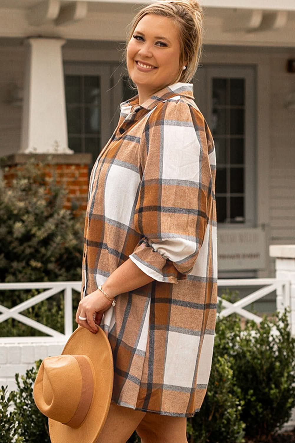 Khaki plaid plus size dress with flounce sleeves 