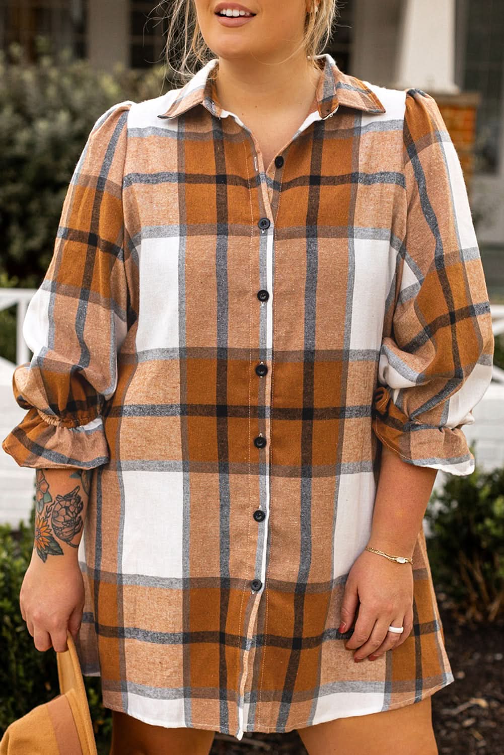 Khaki plaid plus size dress with flounce sleeves 