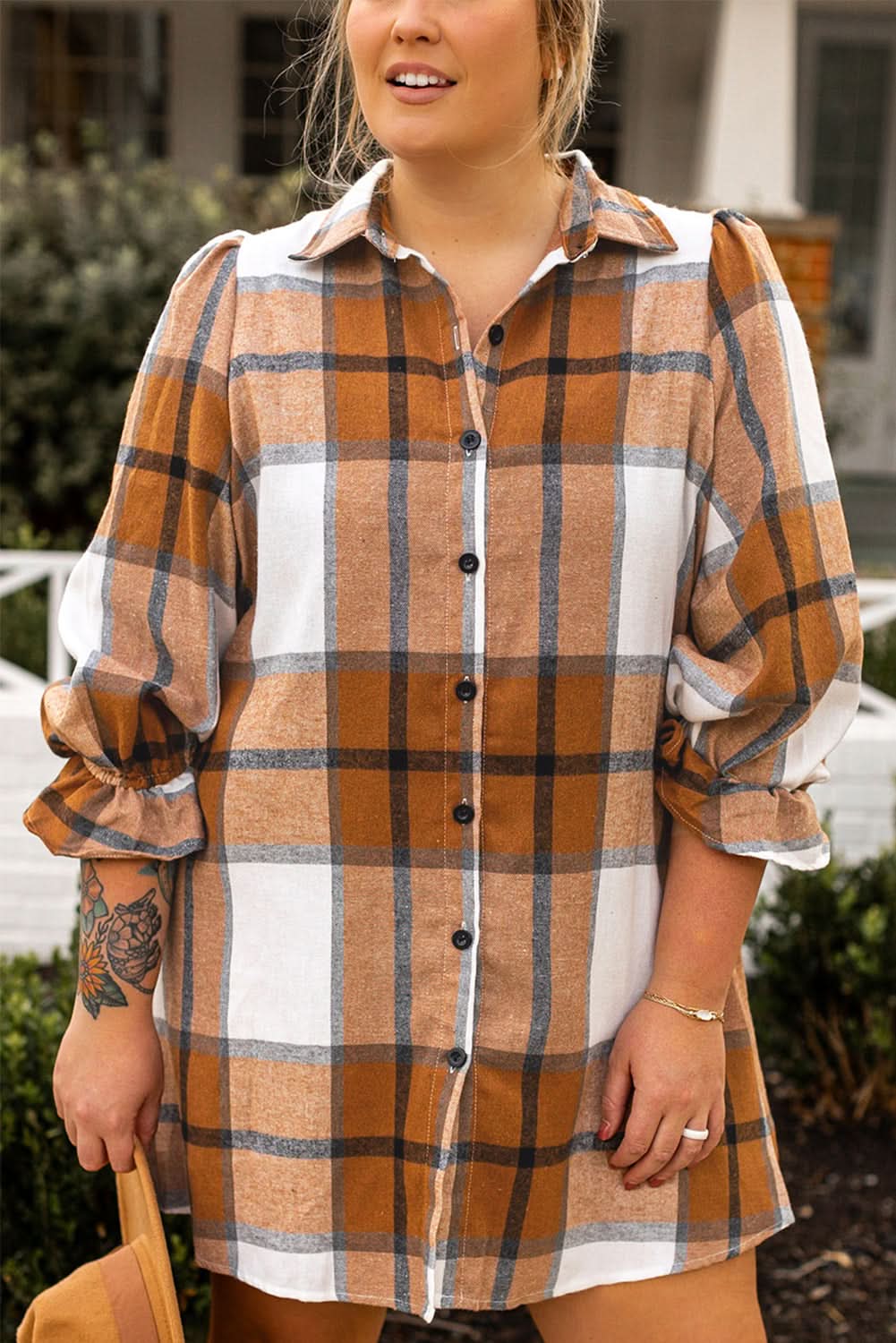 Khaki plaid plus size dress with flounce sleeves 