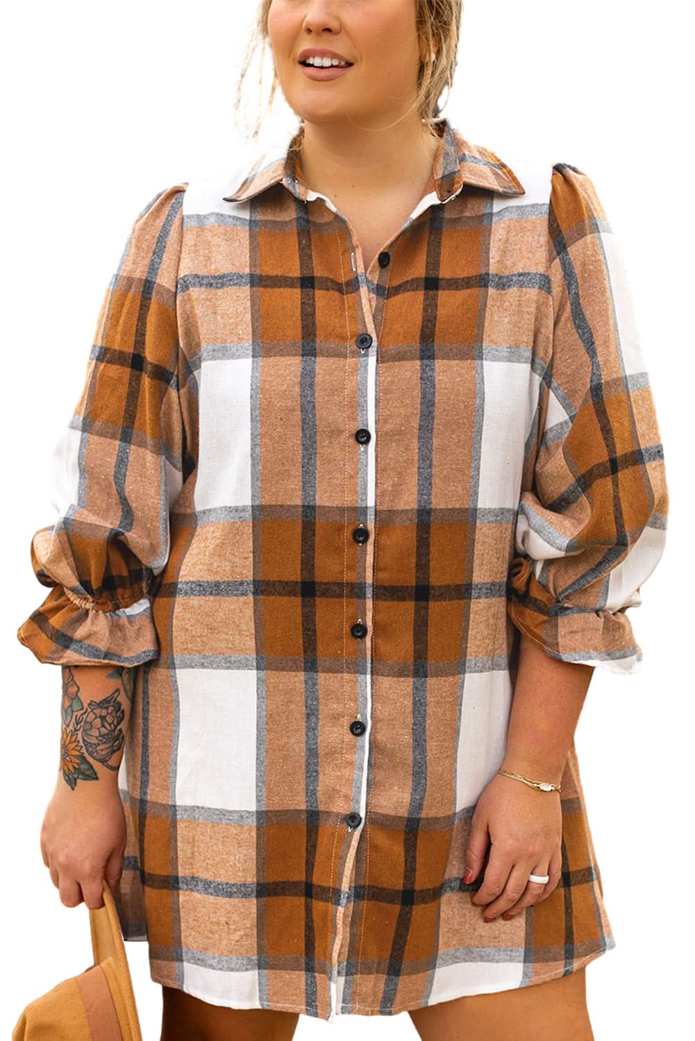 Khaki plaid plus size dress with flounce sleeves 