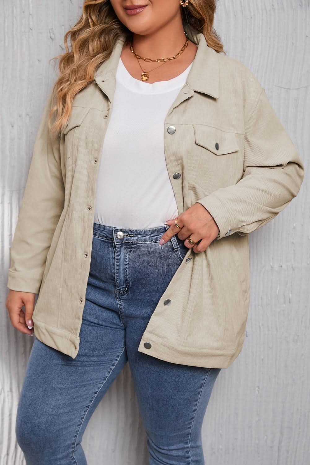 Khaki plus size corduroy jacket - Love Salve 