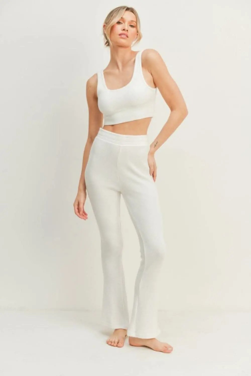 Kimberly C Waffle Tank and High Waist Flare Pants Set - Love Salve 