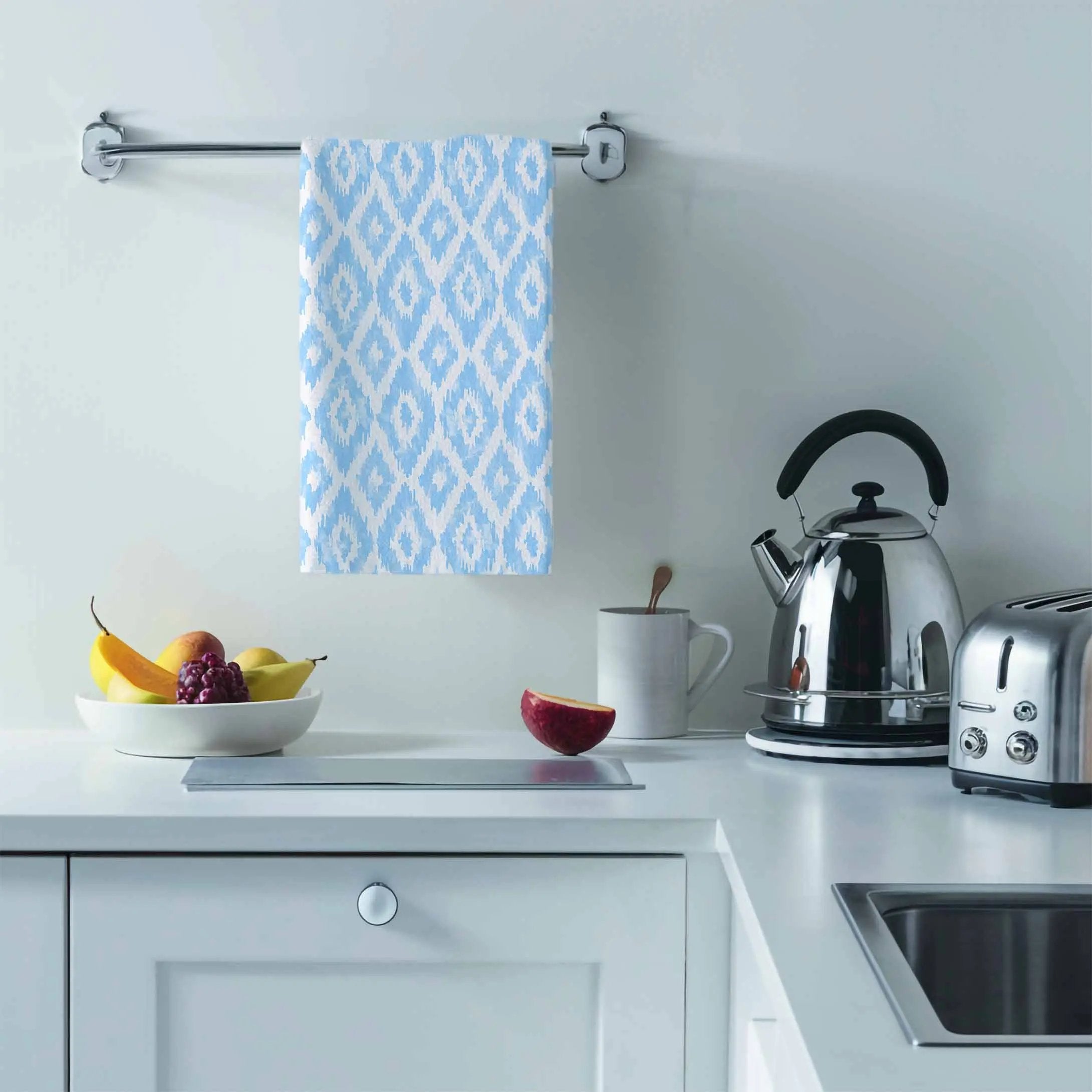 Designer Tea Towel Watercolor Ikat Diamonds Light Blue Katherine Way