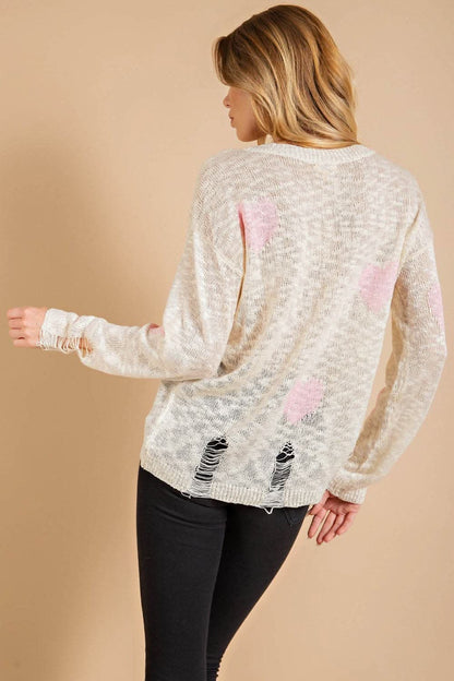 Kori America Heart Pattern Distressed Sweater 