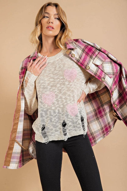 Kori America Heart Pattern Distressed Sweater 