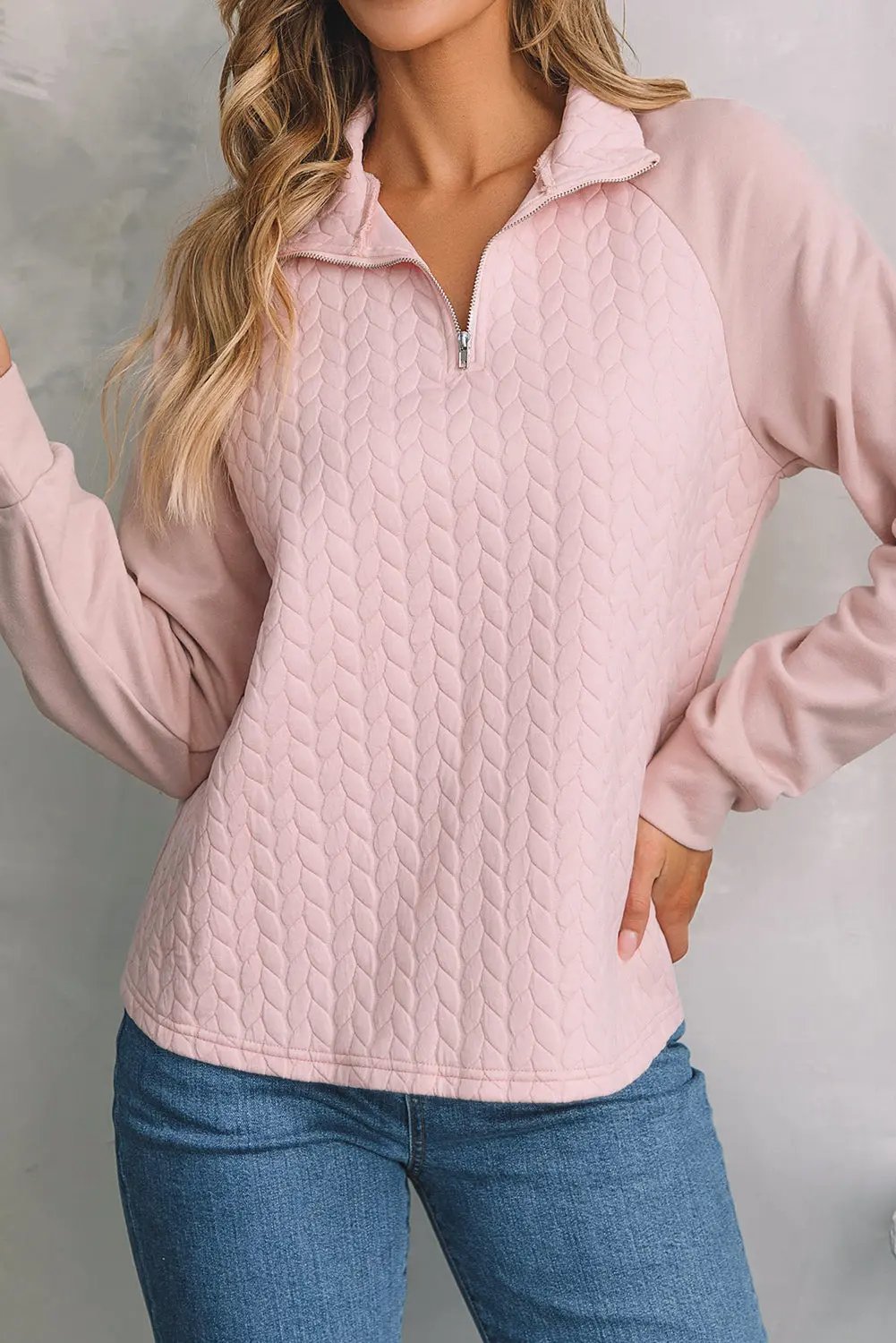 Jocelyn Textured Quarter Zip Raglan Sleeve Sweatshirt - Love Salve 