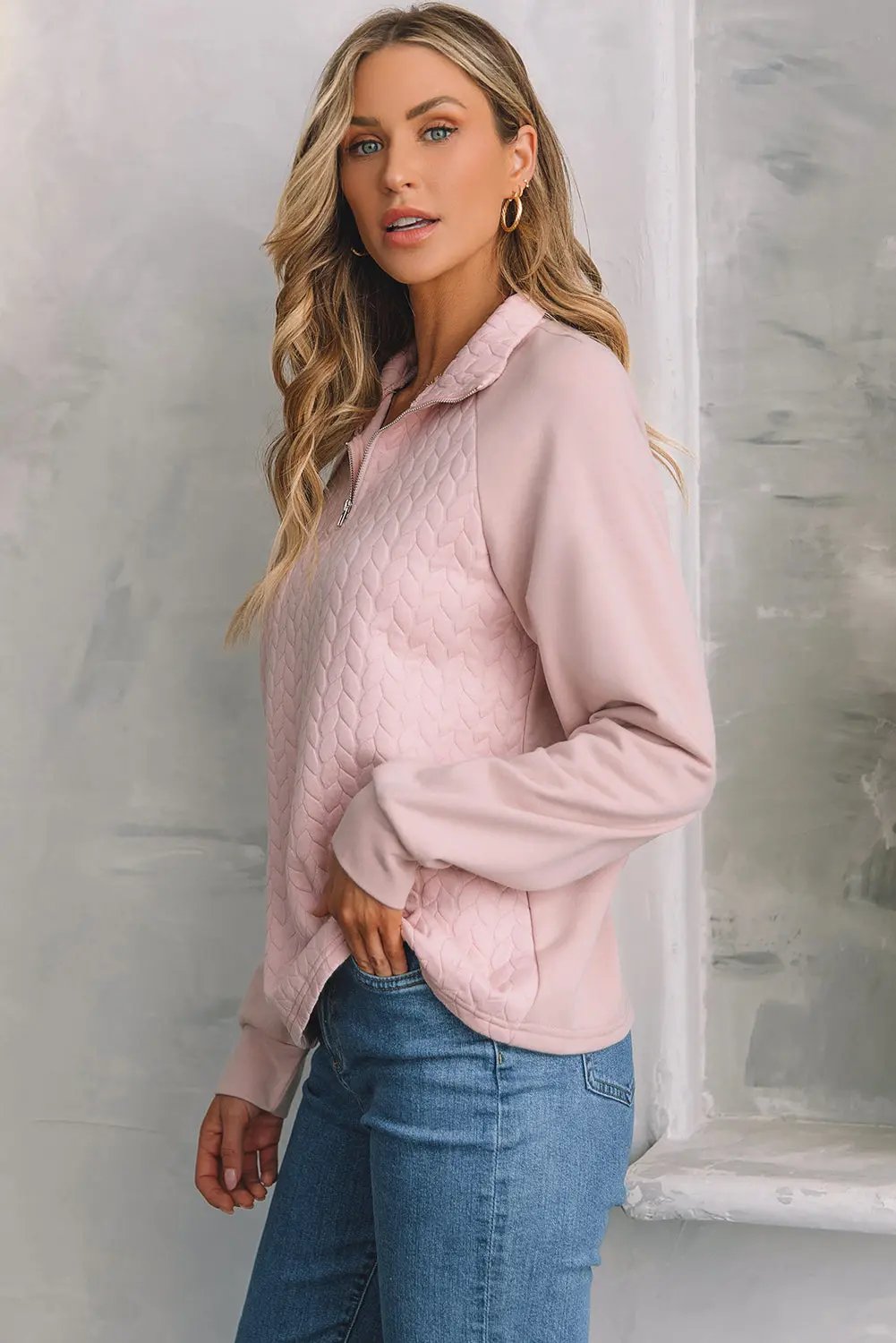 Jocelyn Textured Quarter Zip Raglan Sleeve Sweatshirt - Love Salve 