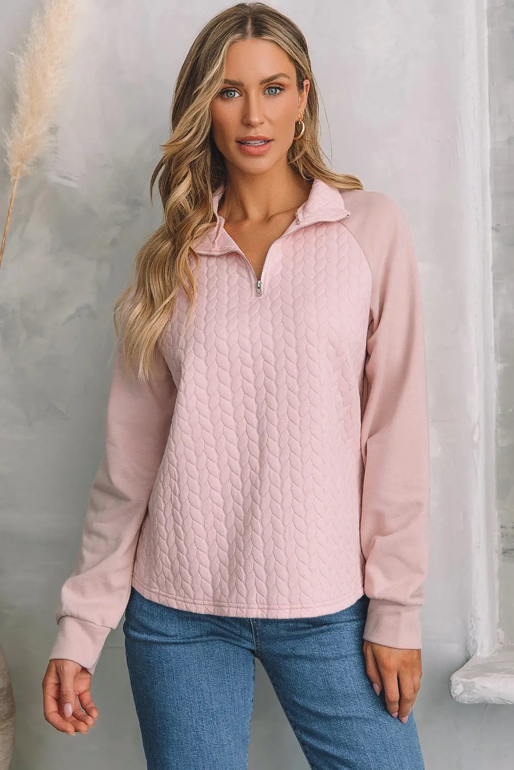 Jocelyn Textured Quarter Zip Raglan Sleeve Sweatshirt - Love Salve 