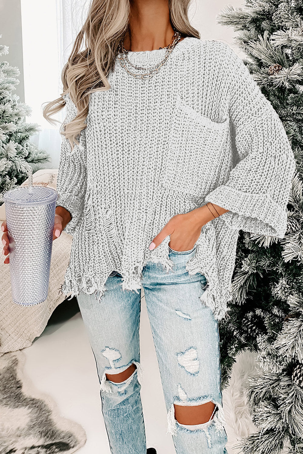 Alina Ripped Raw Hem Chunky Pullover Sweater for Women - Love Salve 
