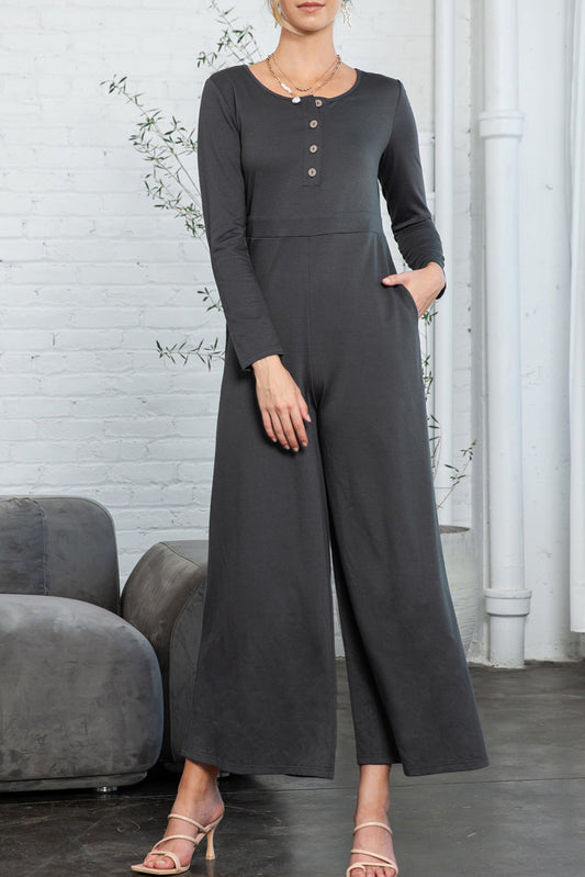 Trinity Button Long Sleeve Wide Leg Jumpsuit for Women - Love Salve 