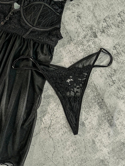 Black Sexy Lace Slip Dress with Matching Thong Set