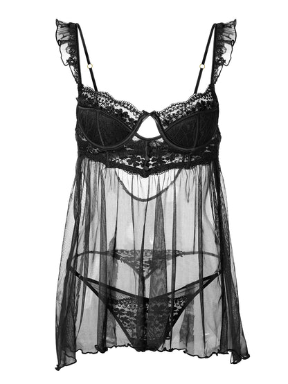 Black Sexy Lace Slip Dress with Matching Thong Set