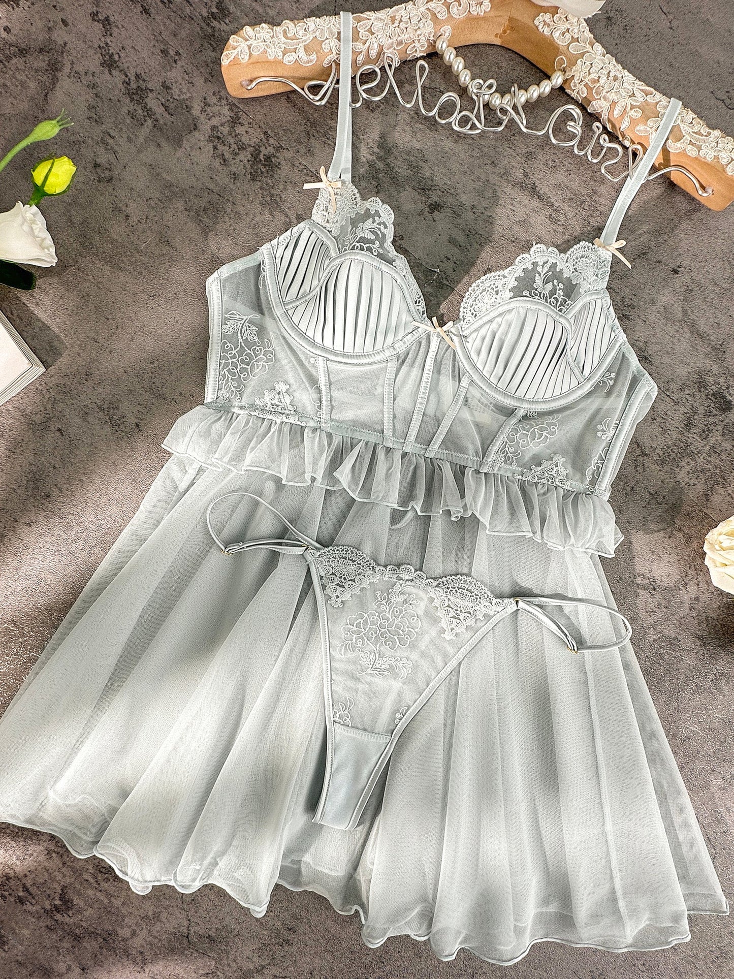 Elegant Embroidered Lace Slip Dress with Matching Thong