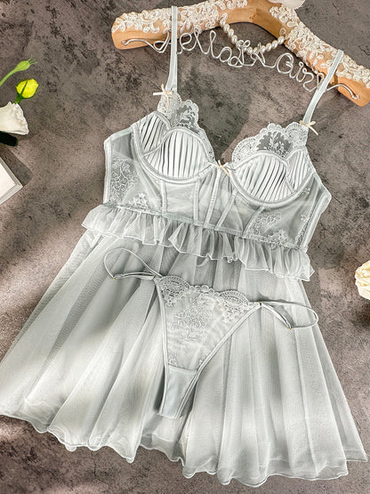 Elegant Embroidered Lace Slip Dress with Matching Thong