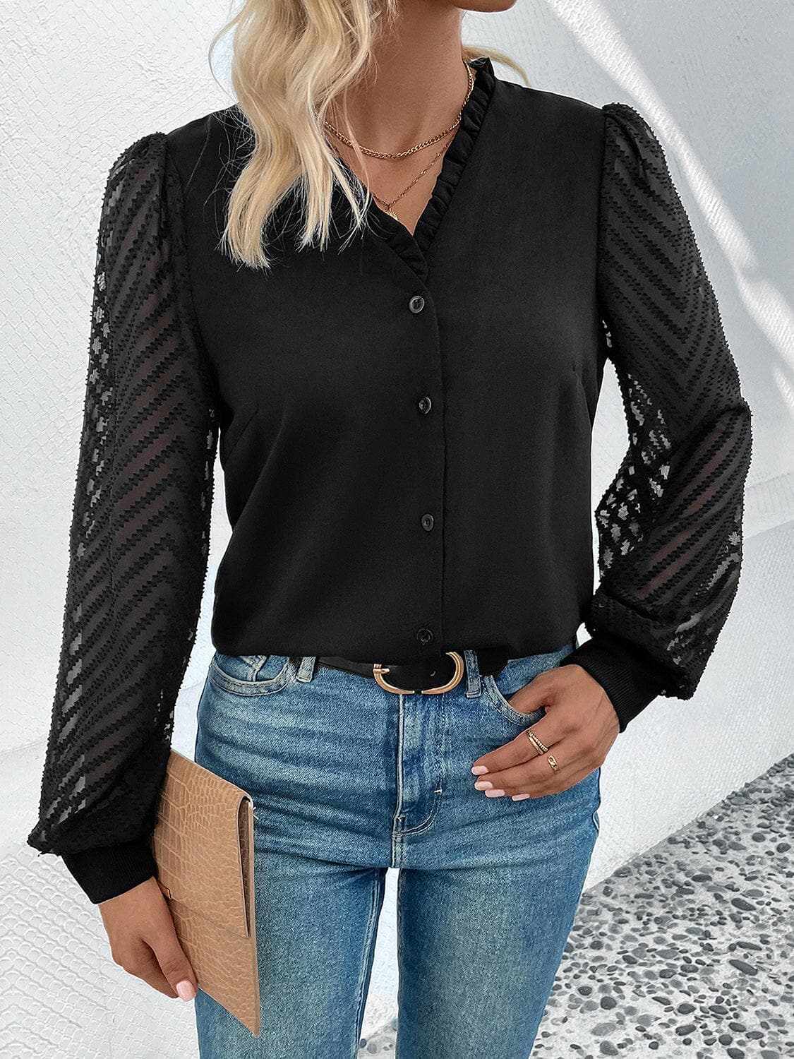 Lace-trim sheer v-neck blouse - Love Salve 