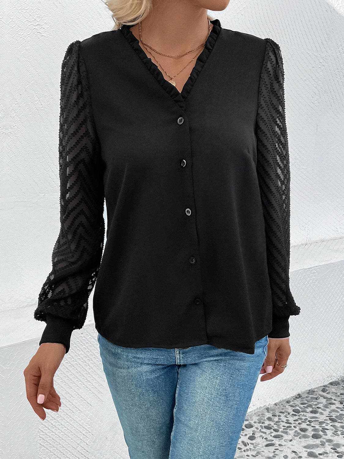 Lace-trim sheer v-neck blouse - Love Salve 