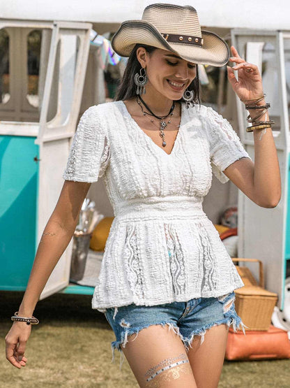 Lace V-neck blouse with short sleeves - Love Salve 