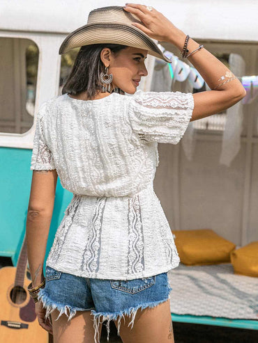 Lace V-neck blouse with short sleeves - Love Salve 