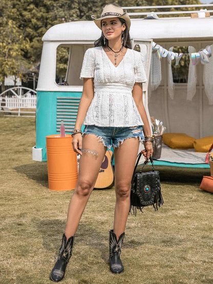 Lace V-neck blouse with short sleeves - Love Salve 