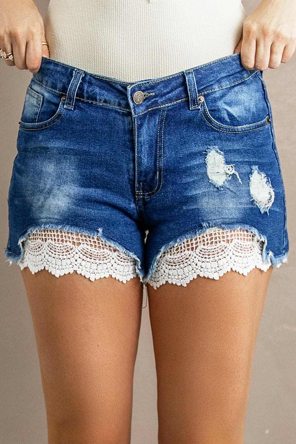 Lace accent distressed shorts - Love Salve 