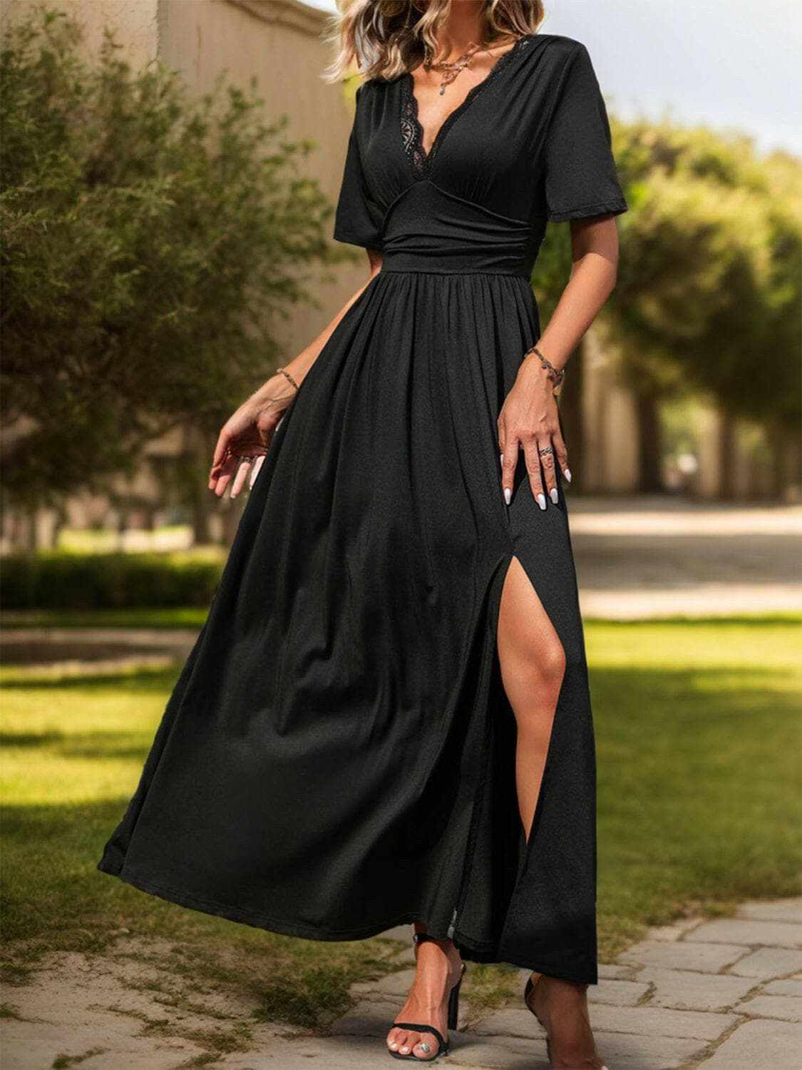 Lace v-neck dress with slit detail - Love Salve 
