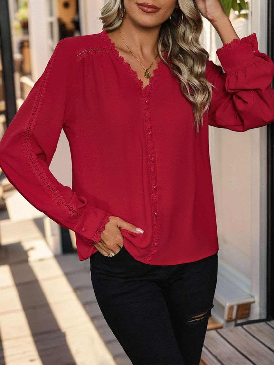 Lace v-neck long sleeve top - Love Salve 