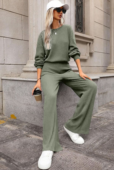 Laurel Green Solid Ribbed Knit Keyhole Back High Waist Jumpsuit 