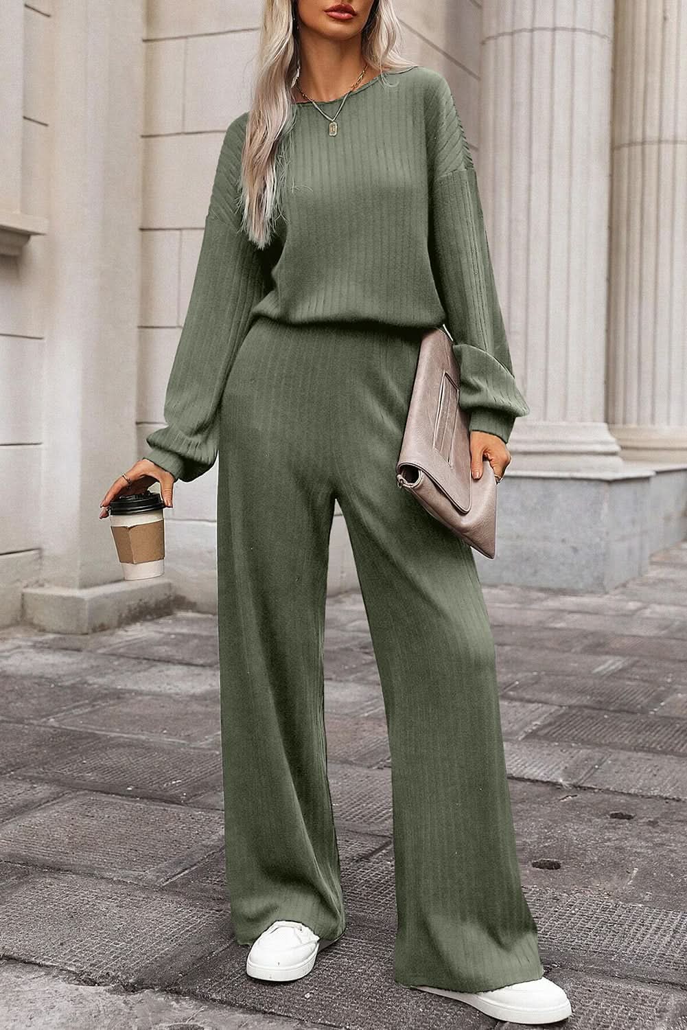 Laurel Green Solid Ribbed Knit Keyhole Back High Waist Jumpsuit 