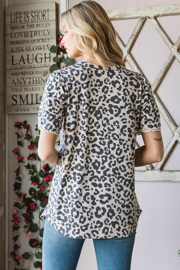 Leopard Print Round Neck Petal Sleeve T-Shirt 