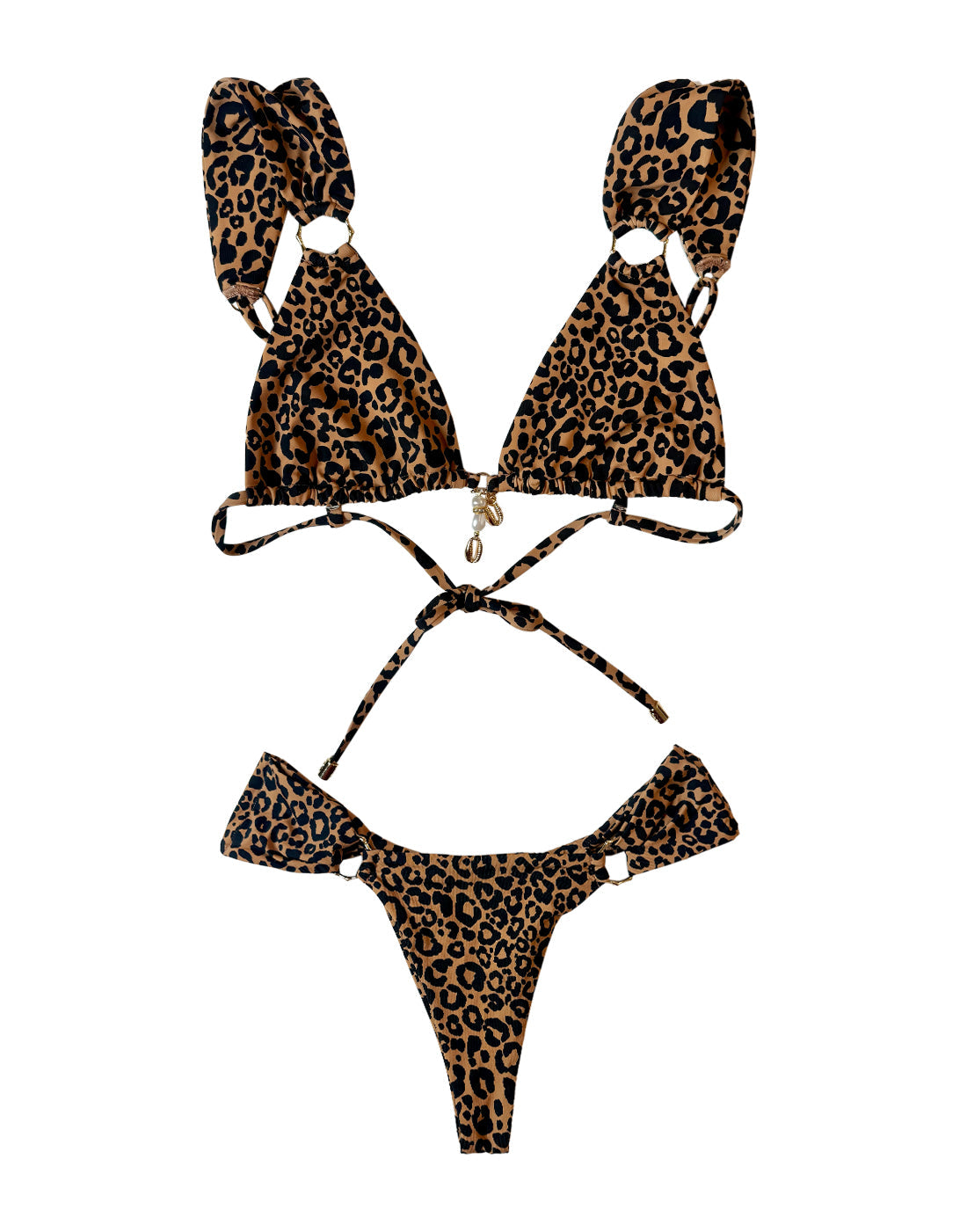Leopard Print Triangle Bikini Top With Gold Bamboo Ring Hardware And Removable Shell Charm Beach Bunny Swimwear