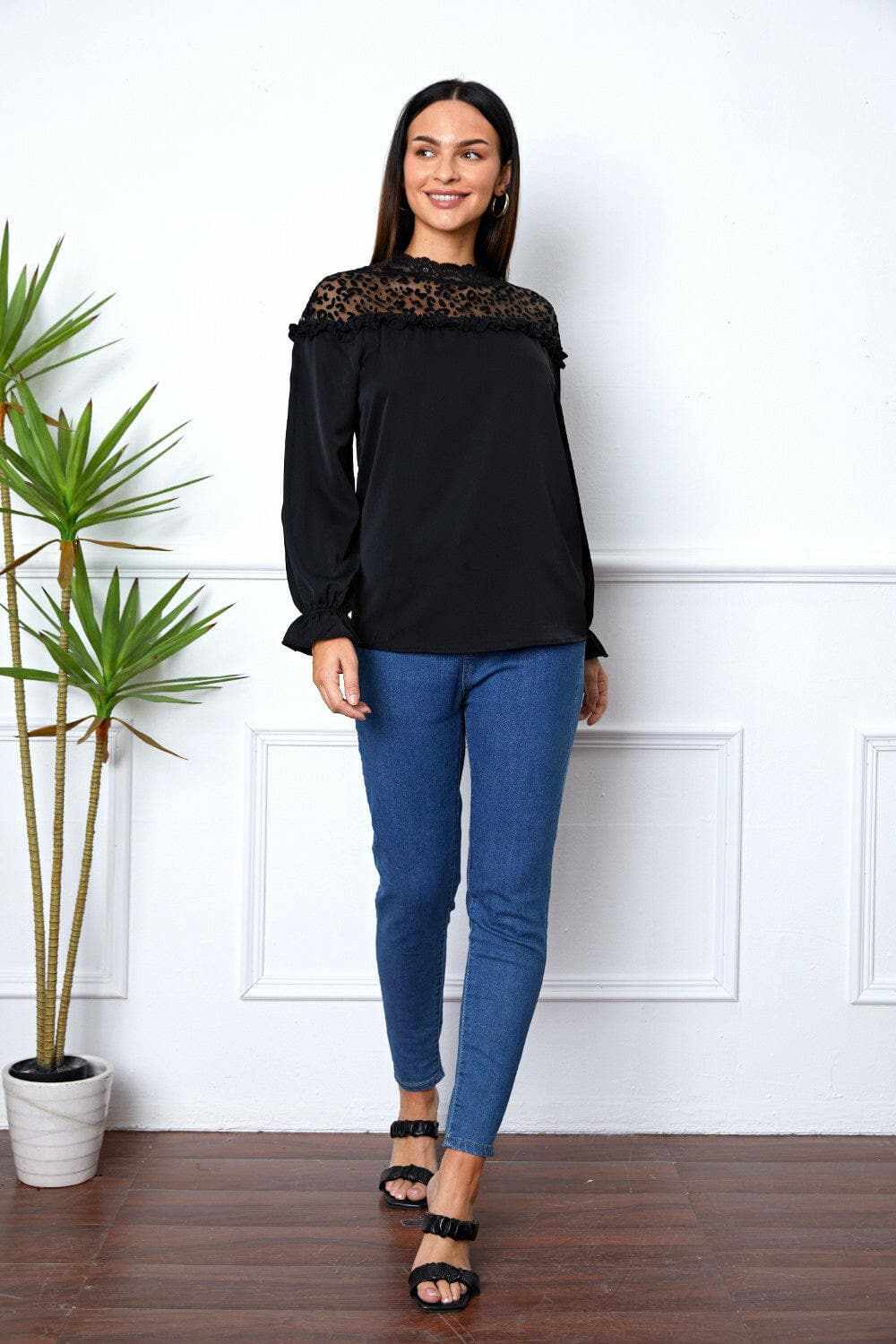 Leopard frill sleeve blouse - Love Salve 