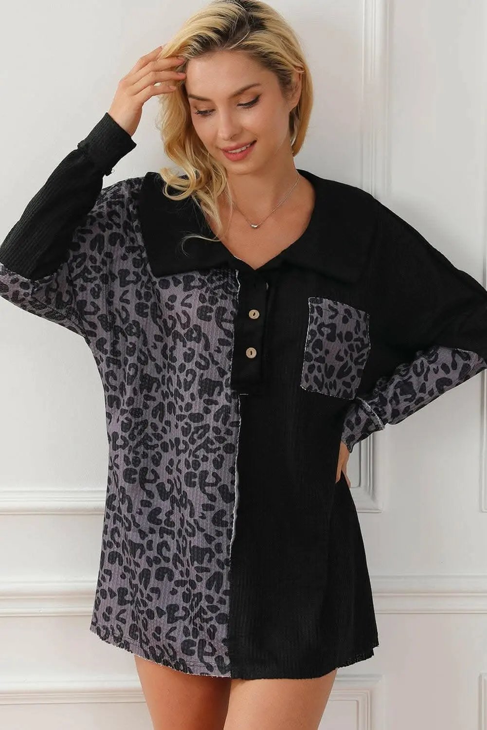 Leopard print half-button blouse - Love Salve 