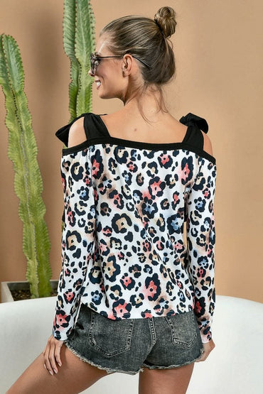 Leopard print shoulder tie long sleeve top by BiBi - Love Salve 