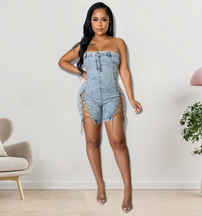 Chain Reaction Denim Romper - Strapless with Sassy Lace-Up Details